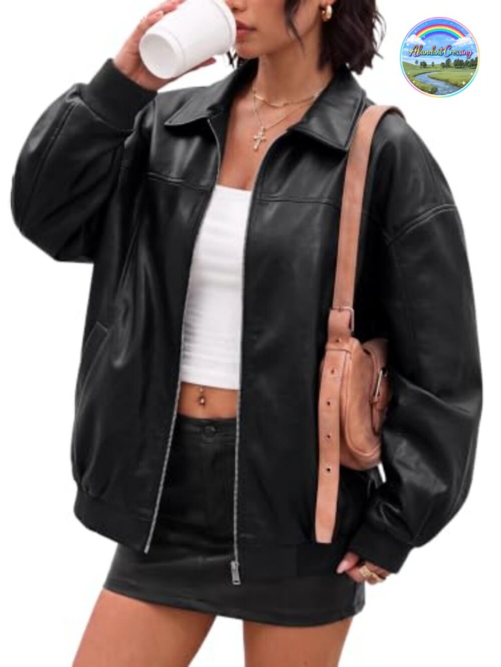 Oversized Zip Up Faux Leather Bomber Jacket